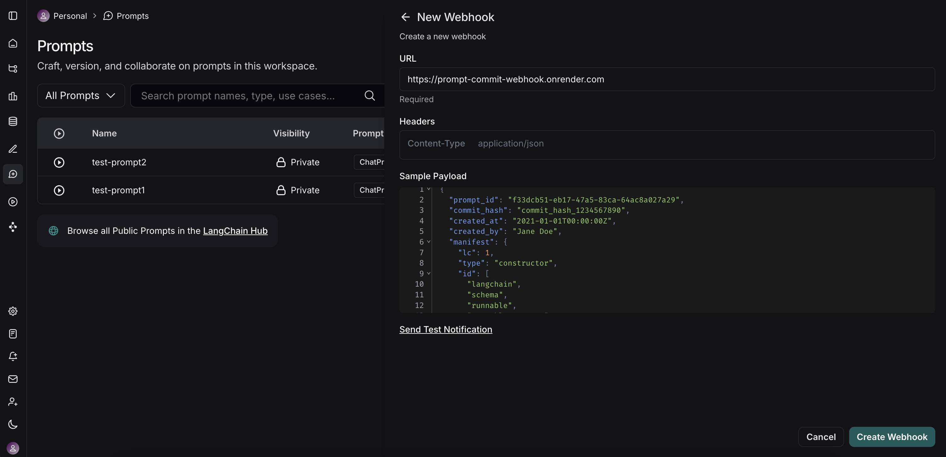 LangSmith Webhook configuration modal