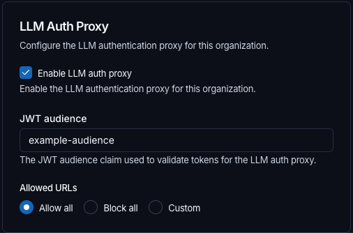 LLM Auth Proxy settings in LangSmith showing the Enable LLM auth proxy checkbox, JWT audience field, and Allowed URLs radio buttons with Allow all selected.