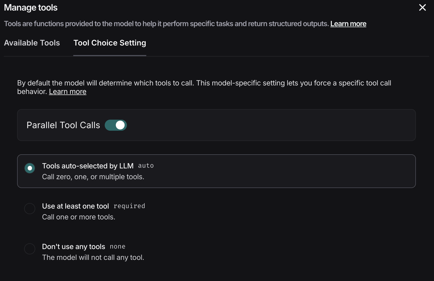 Select tools from the Tool Choice Settings tab.