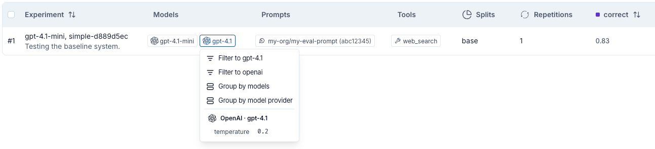 The Experiments tab view with metadata columns for models, prompts, and tools.
