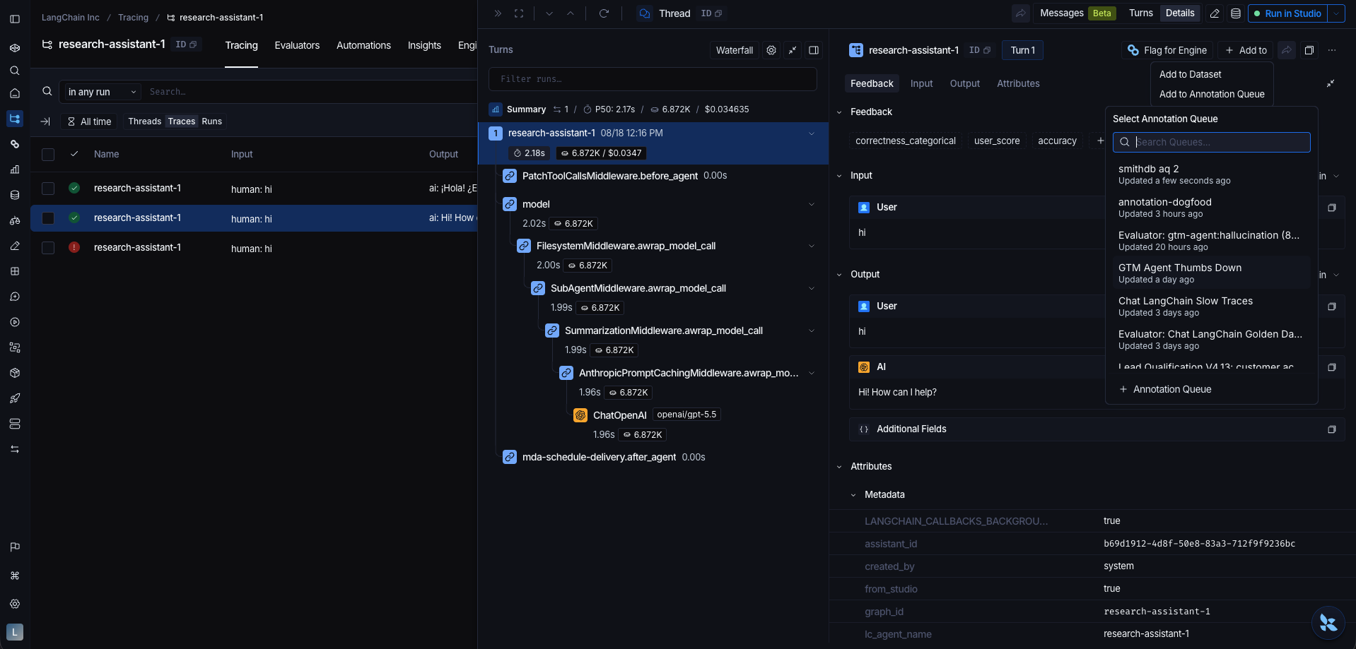 Details view side panel showing the Add to icon in the run header with its menu open, and the Add thread to annotation queue icon next to the view tabs.