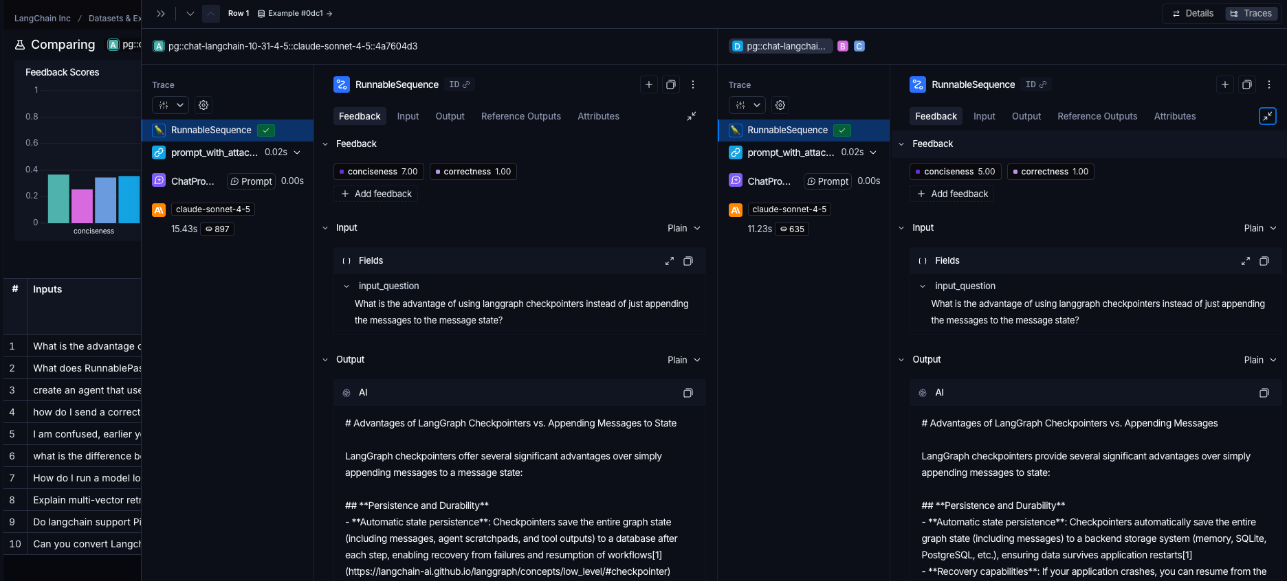 An example in the expanded Comparing Experiments view, in dark mode.