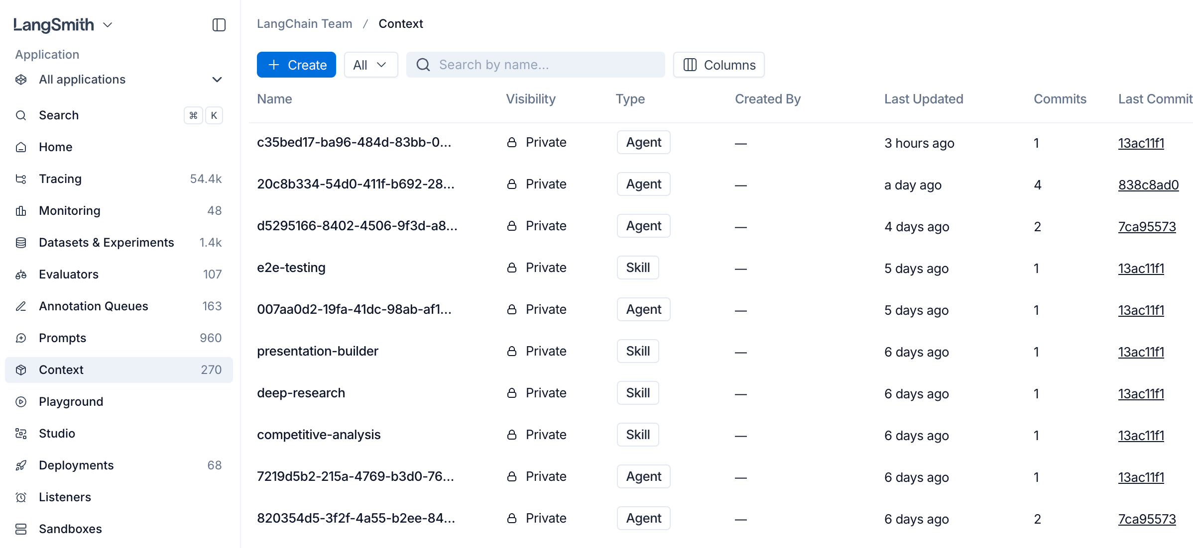 The Context Hub home view listing existing Agent and Skill contexts with their commit metadata.