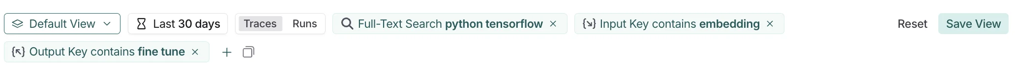 LangSmith filter bar showing full-text search and input/output filters with example search terms for python, tensorflow, embedding, fine, and tune