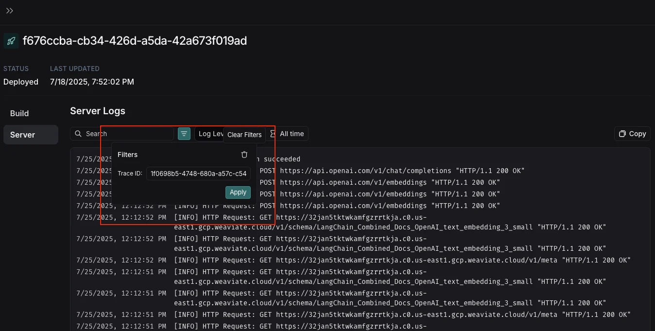 Deployment server logs filters