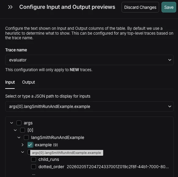 Configure Input and Output previews side panel showing the tree view of trace data structure