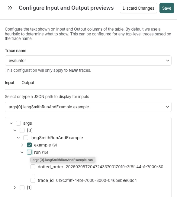 Configure Input and Output previews side panel showing the tree view of trace data structure