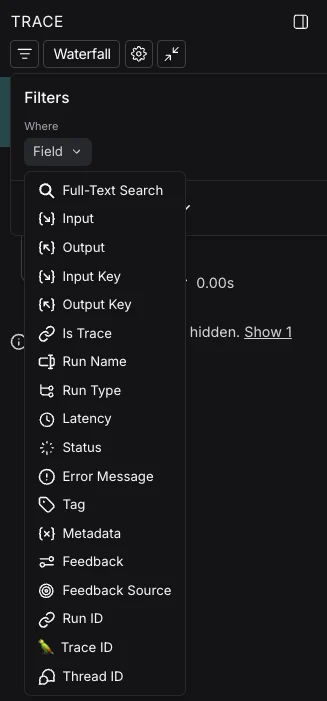 LangSmith trace view showing filter options with 'Filtered Only', 'Show All', and 'Most relevant' view modes