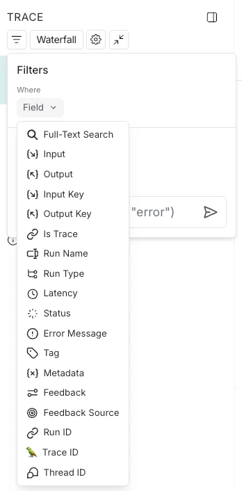 LangSmith trace view showing filter options with 'Filtered Only', 'Show All', and 'Most relevant' view modes