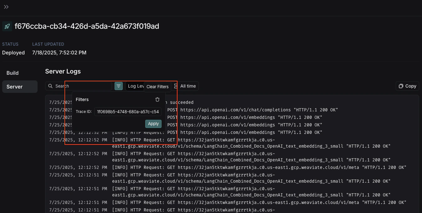 Deployment server logs filters
