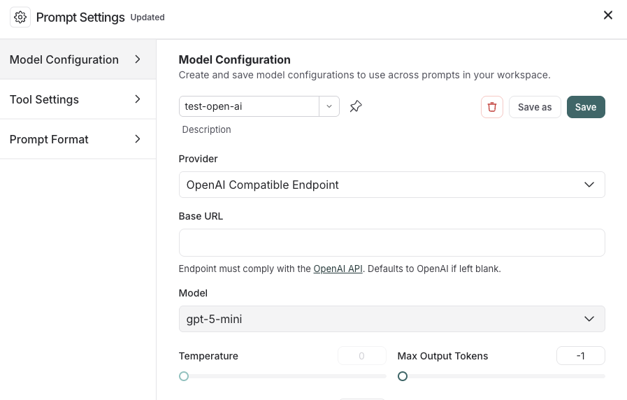 Model Configuration window in the LangSmith UI with a model selected and the Provider dropdown with OpenAI Compatible Endpoint selected.