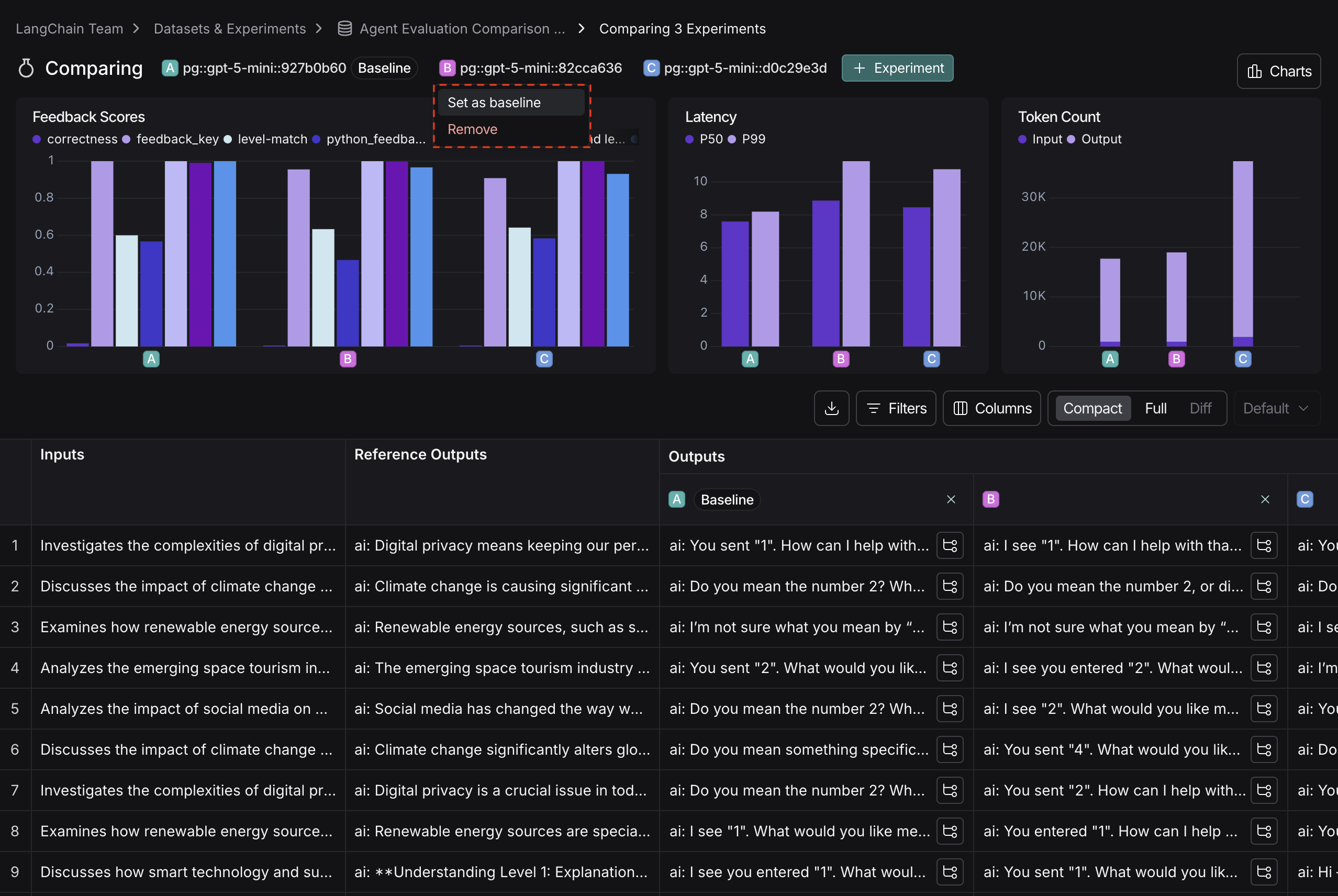 Configuring baseline experiment in dropdown, in dark mode.