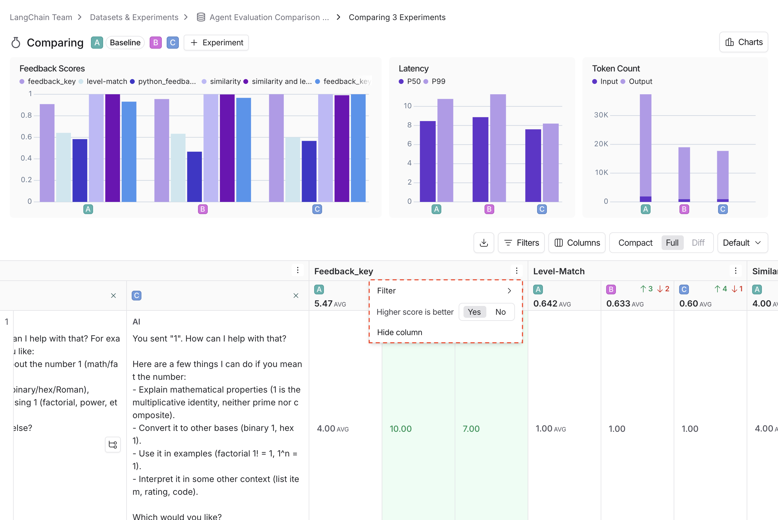 Dropdown for feedback metric column, configuring whether a higher score is better, in light mode.
