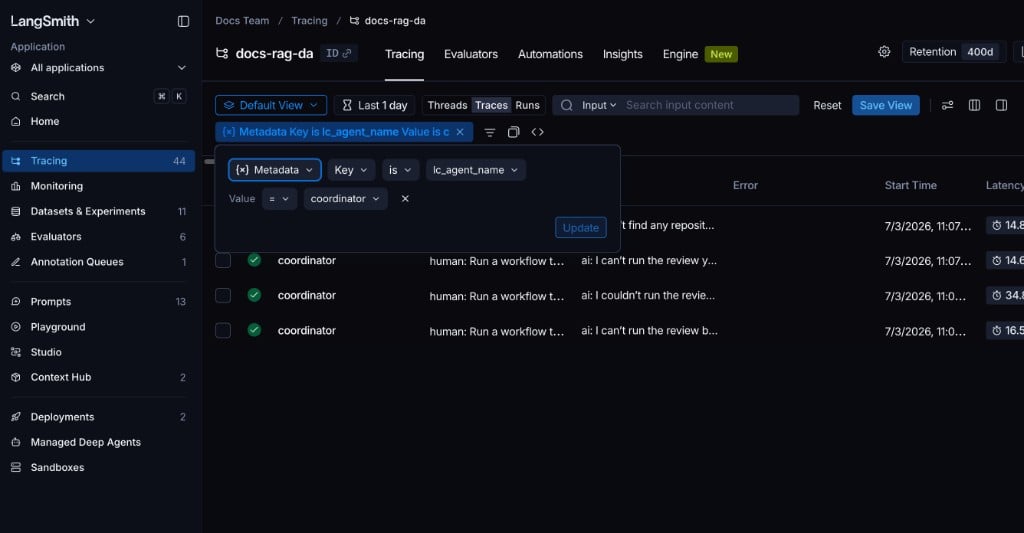 LangSmith Runs view with a metadata filter on lc_agent_name set to coordinator