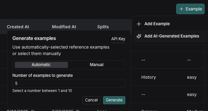 The AI-Generated Examples configuration window. Selections for manual and automatic and number of examples to generate.