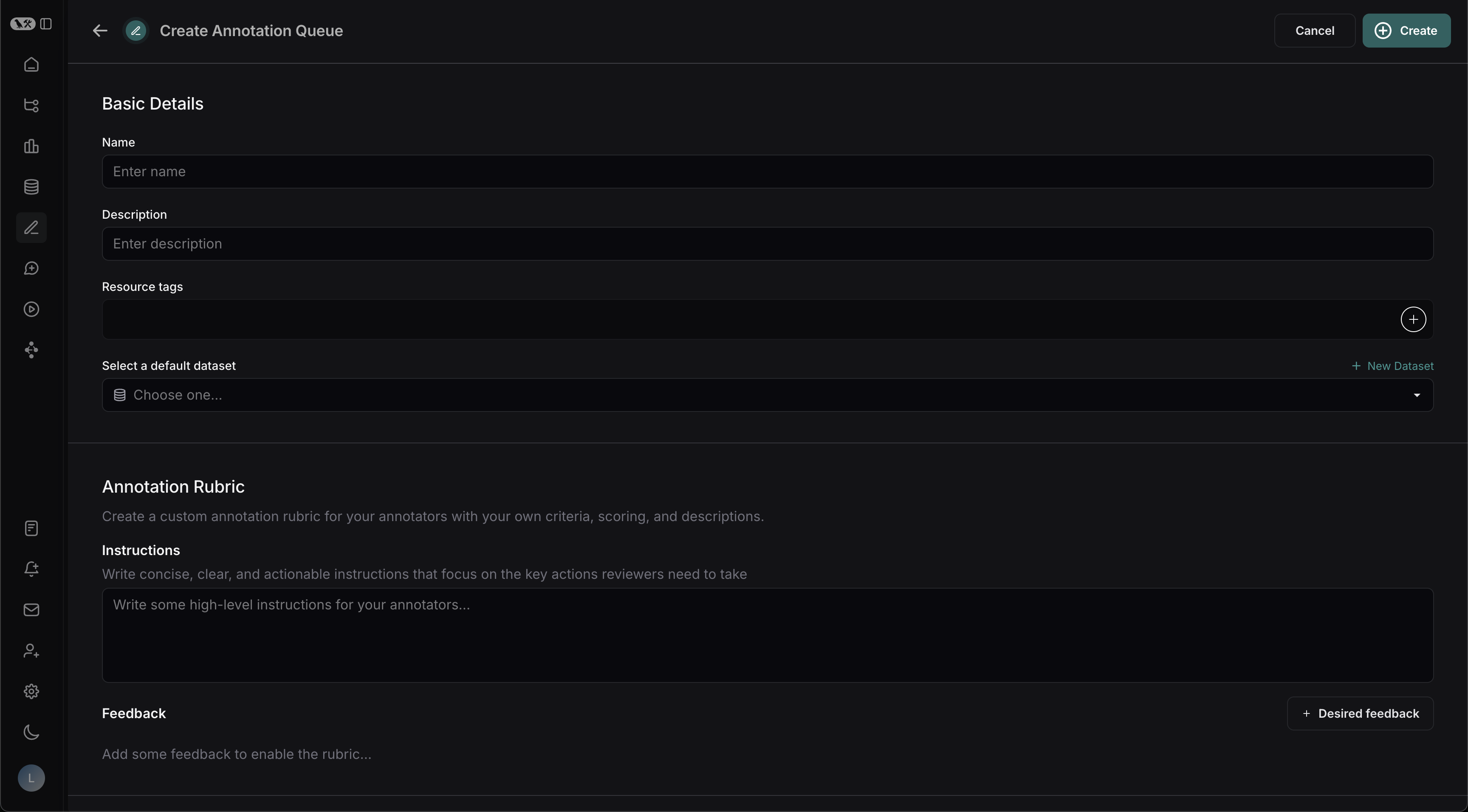 Create Annotation Queue form with Basic Details, Annotation Rubric, and Feedback sections.