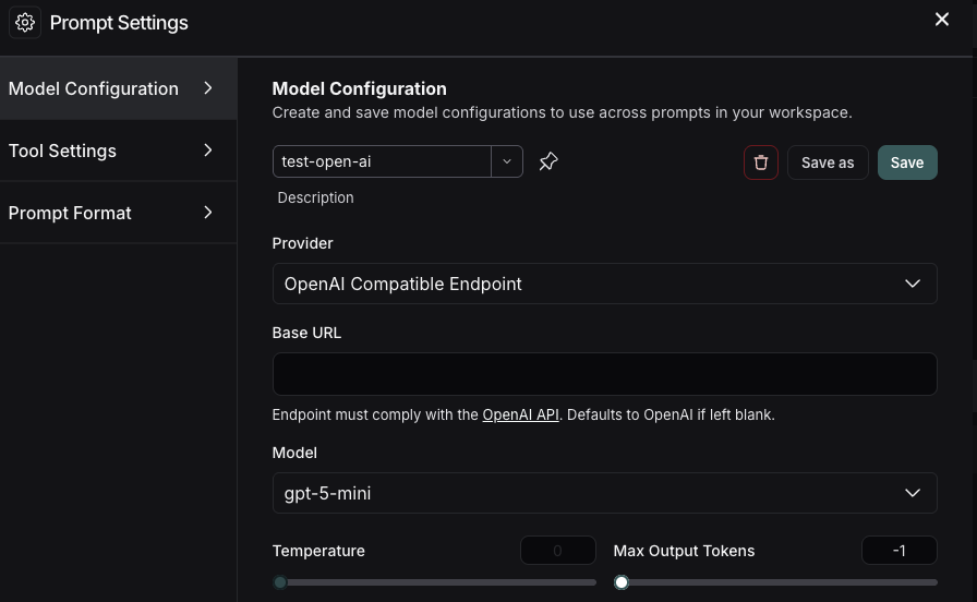 Model Configuration window in the LangSmith UI with a model selected and the Provider dropdown with OpenAI Compatible Endpoint selected.