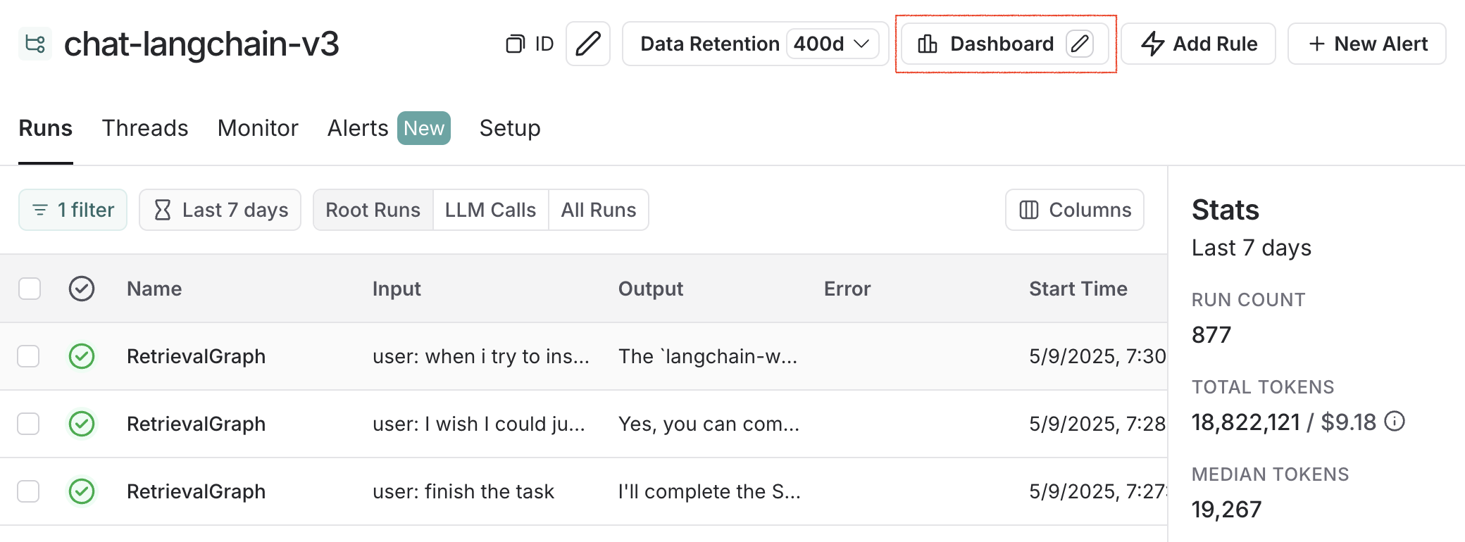 Tracing project to dashboard