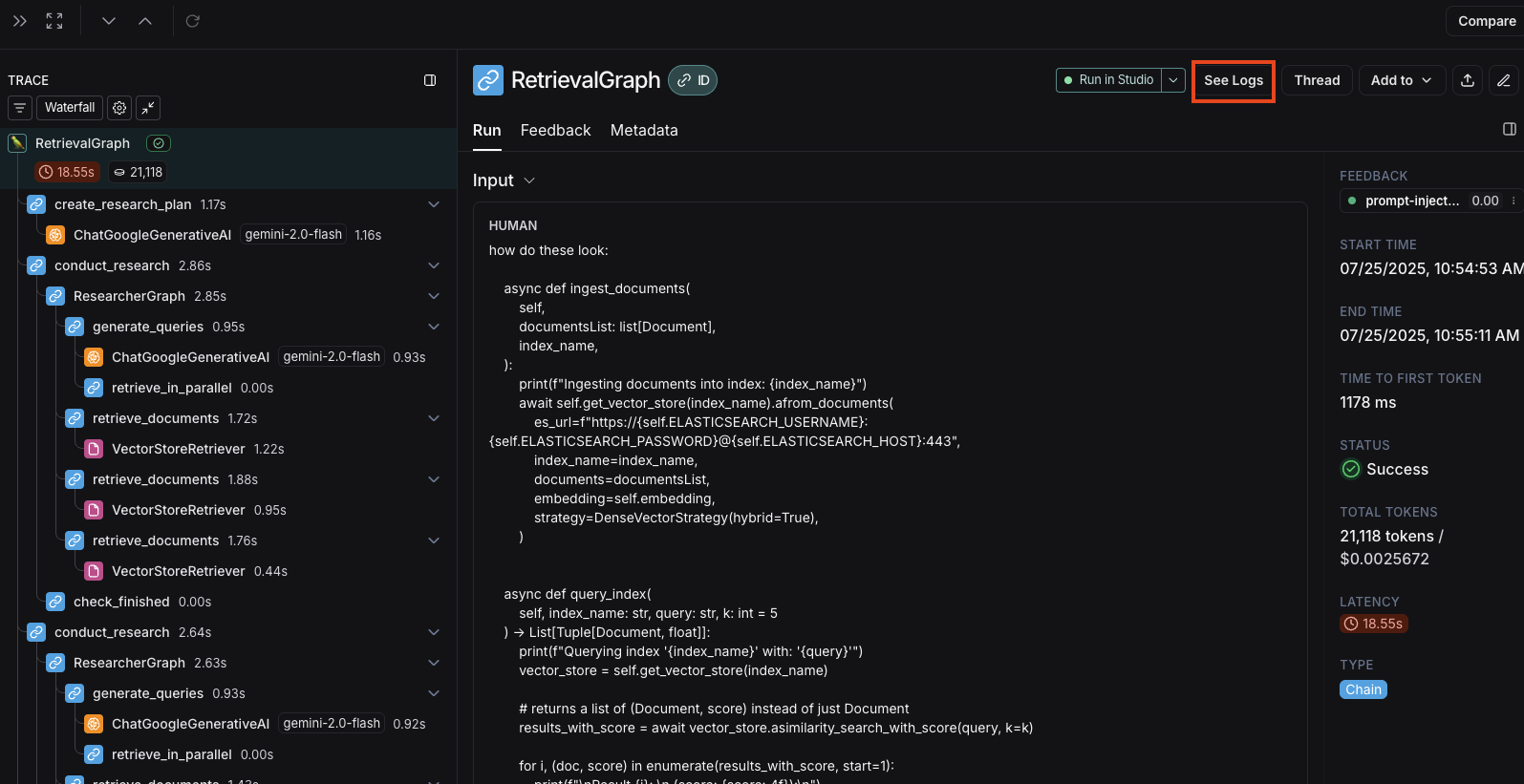 View server logs button