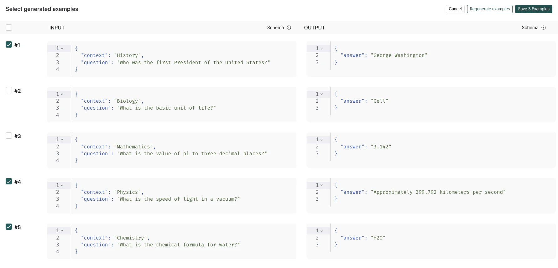 Select generated examples page with generated examples selected and Save examples button.