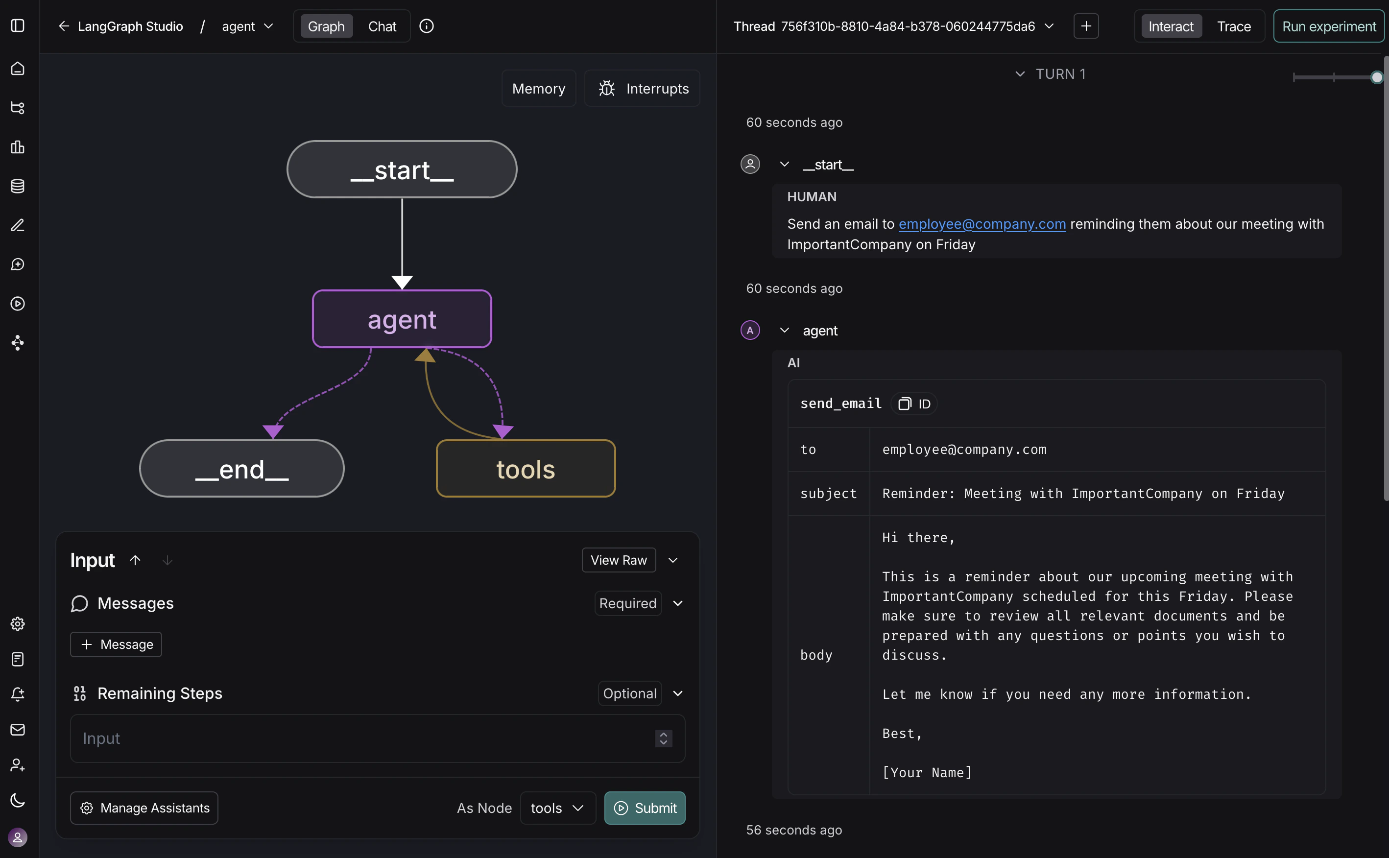 Agent view in the Studio UI