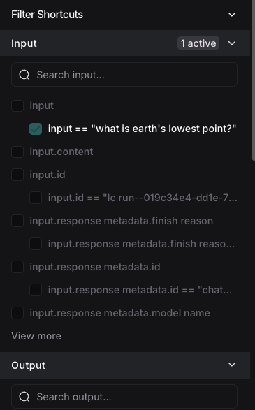 LangSmith filter shortcuts panel showing quick access to common key-value pair filters