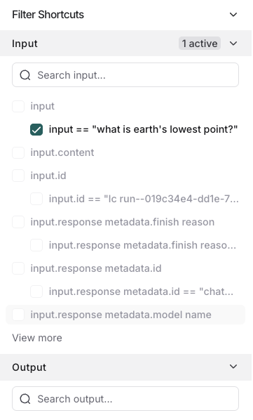 LangSmith filter shortcuts panel showing quick access to common key-value pair filters