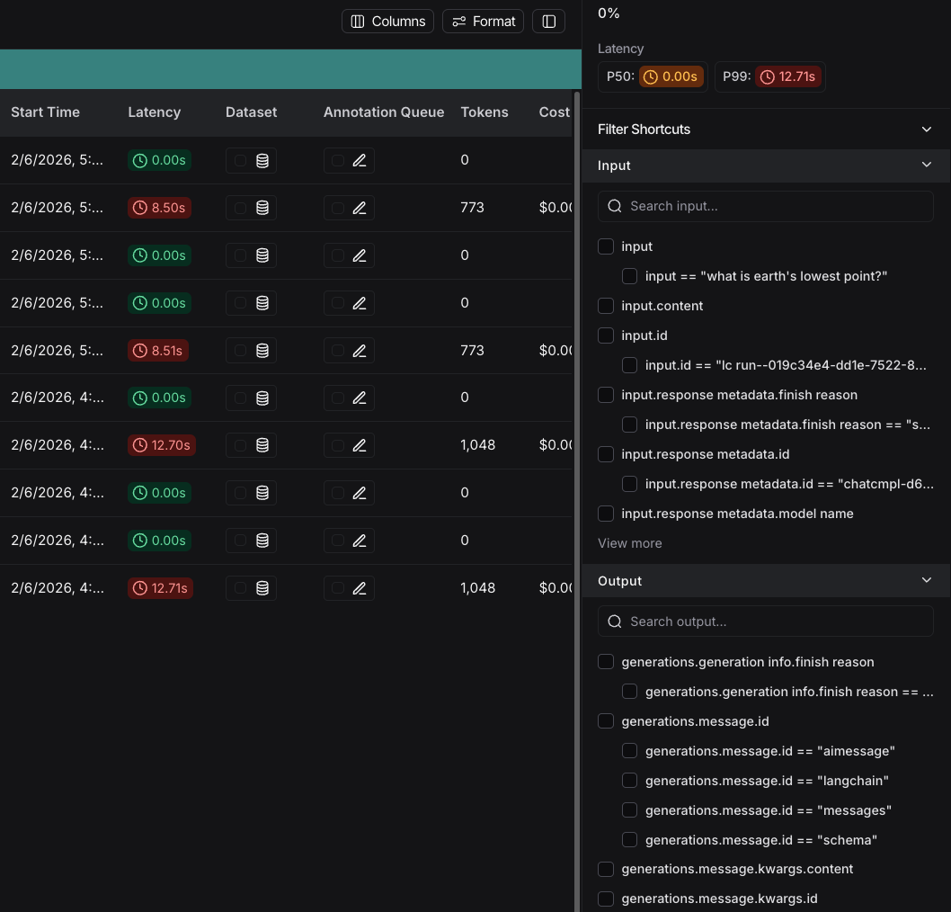 LangSmith filter shortcuts sidebar showing quick access filters for common run attributes