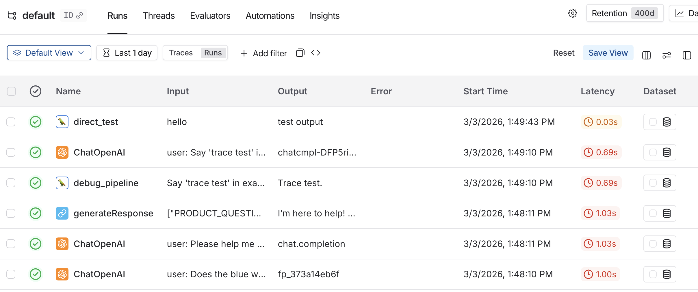 Run details page in the LangSmith UI.