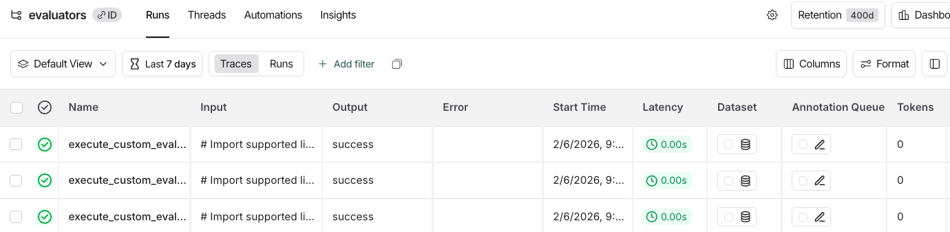 Runs table showing the Format button at the top to configure input and output previews