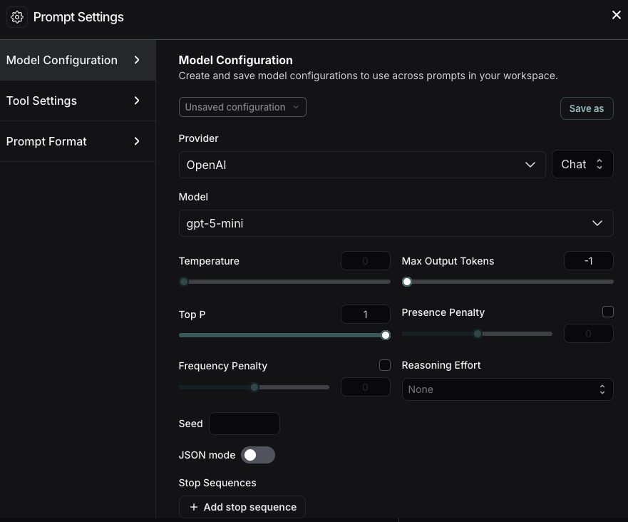 Model Configuration window in the LangSmith UI, settings for Provider, Model, Temperature, Max Output Tokens, Top P, Presence Penalty, Frequency Penalty, Reasoning Effort, etc.