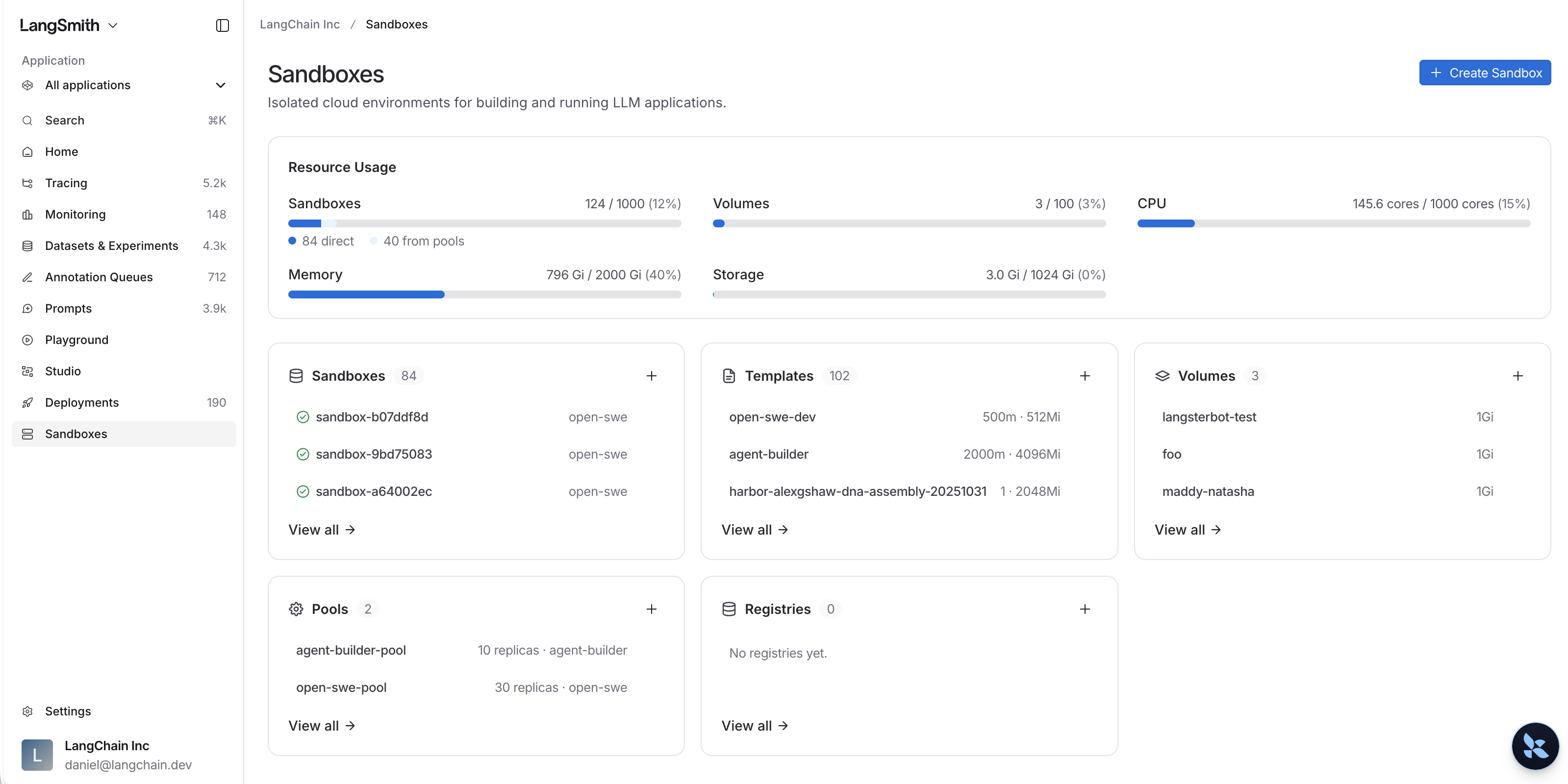 Sandboxes overview page