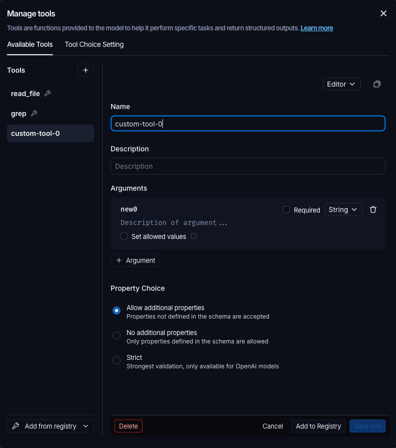 Manage tools dialog showing a prompt-local tool with Add to Registry and Delete buttons.