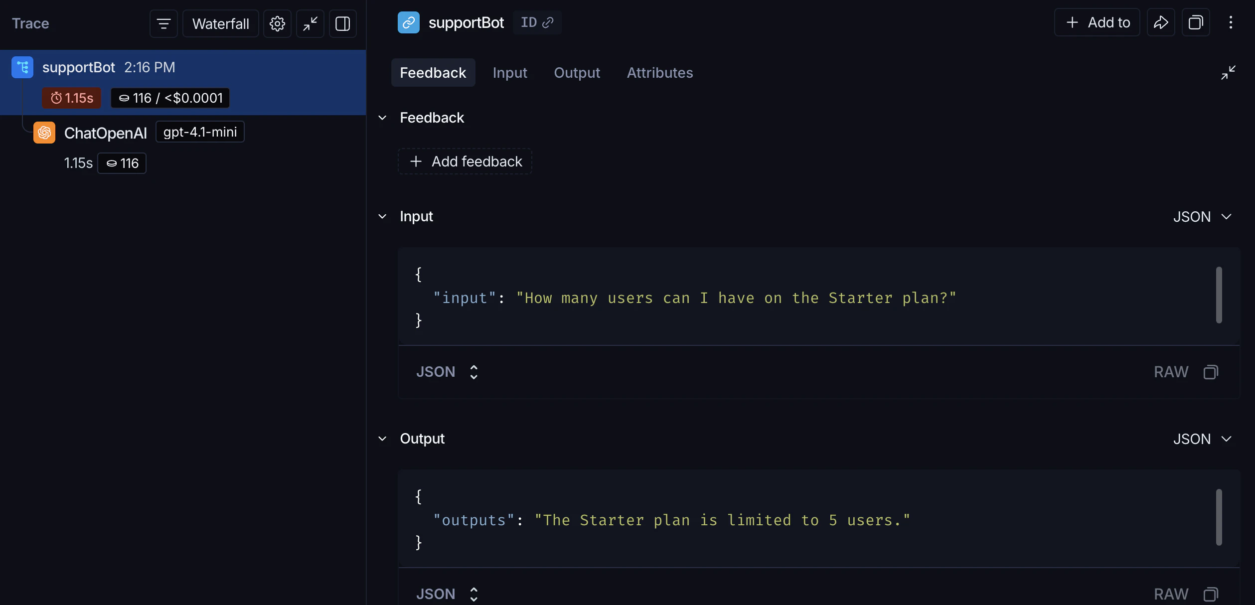 LangSmith UI showing a trace with an outer application span and a nested LLM call span.