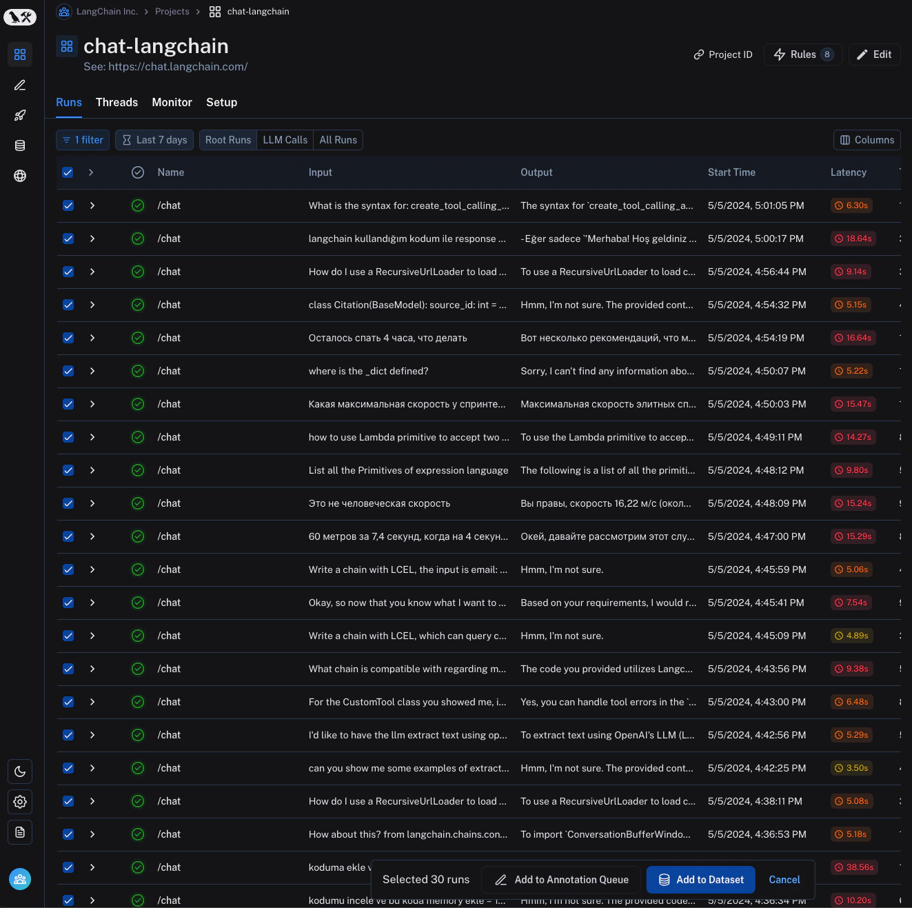 View of the runs table with runs selected. Add to Annotation Queue button at the bottom of the page.