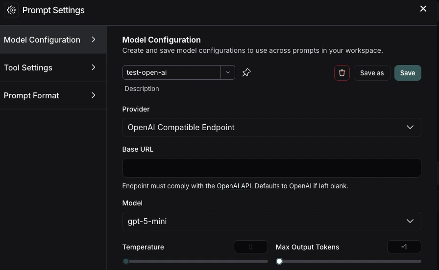 Model Configuration window in the LangSmith UI with a model selected and the Provider dropdown with OpenAI Compatible Endpoint selected.