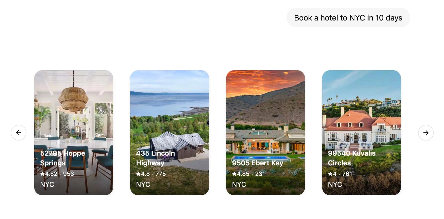Agent Chat showing a prompt about booking/lodging and a generated set of hotel listing cards (images, titles, prices, locations) rendered inline as UI components.