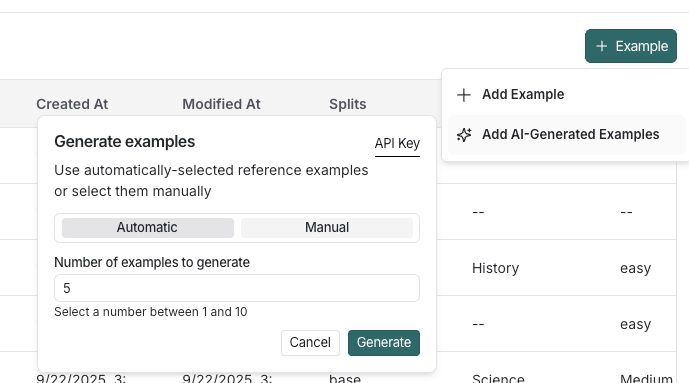 The AI-Generated Examples configuration window. Selections for manual and automatic and number of examples to generate.
