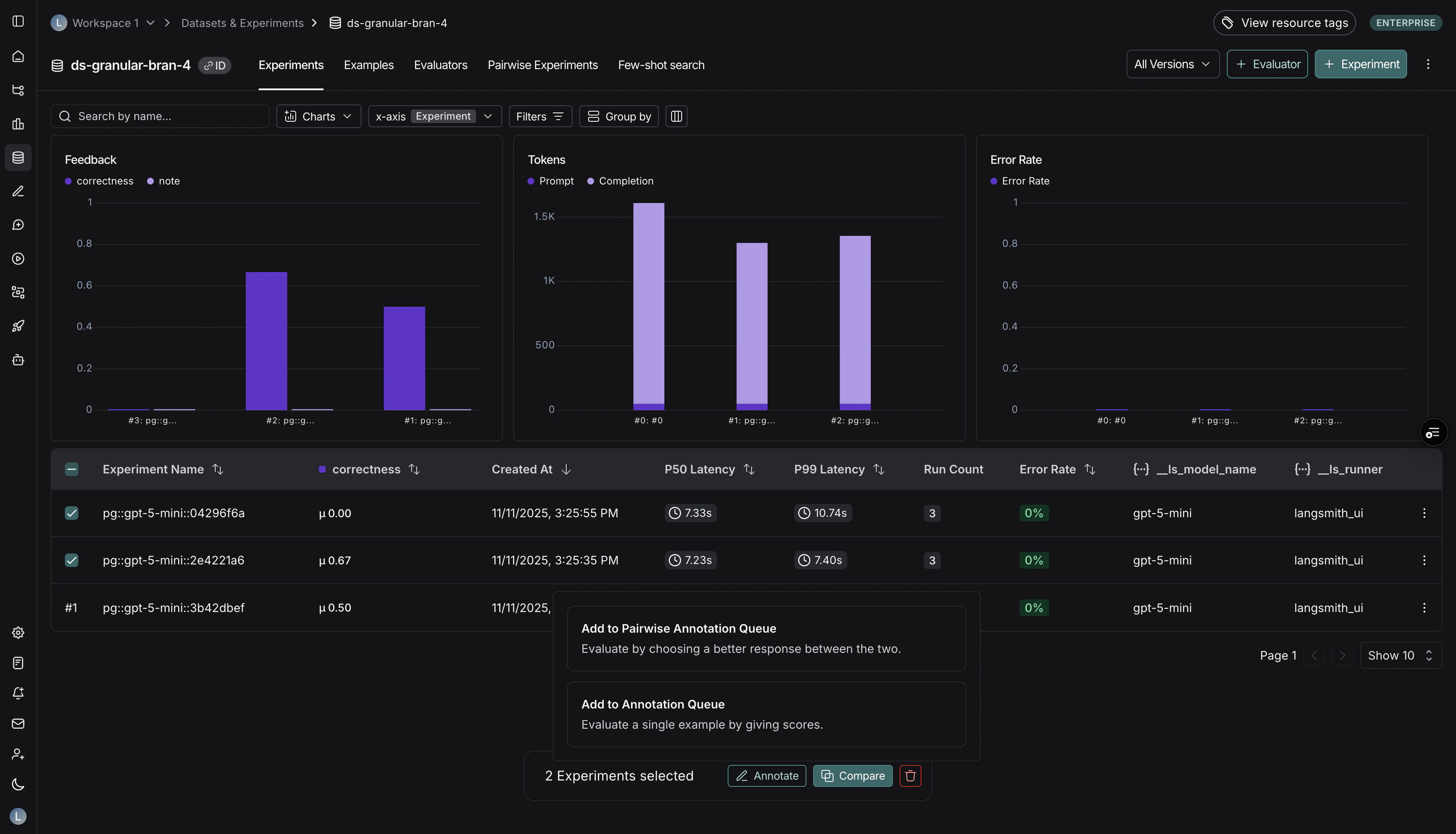 Popover showing the "Add to Pairwise Annotation Queue" card highlighted after two experiments are selected.