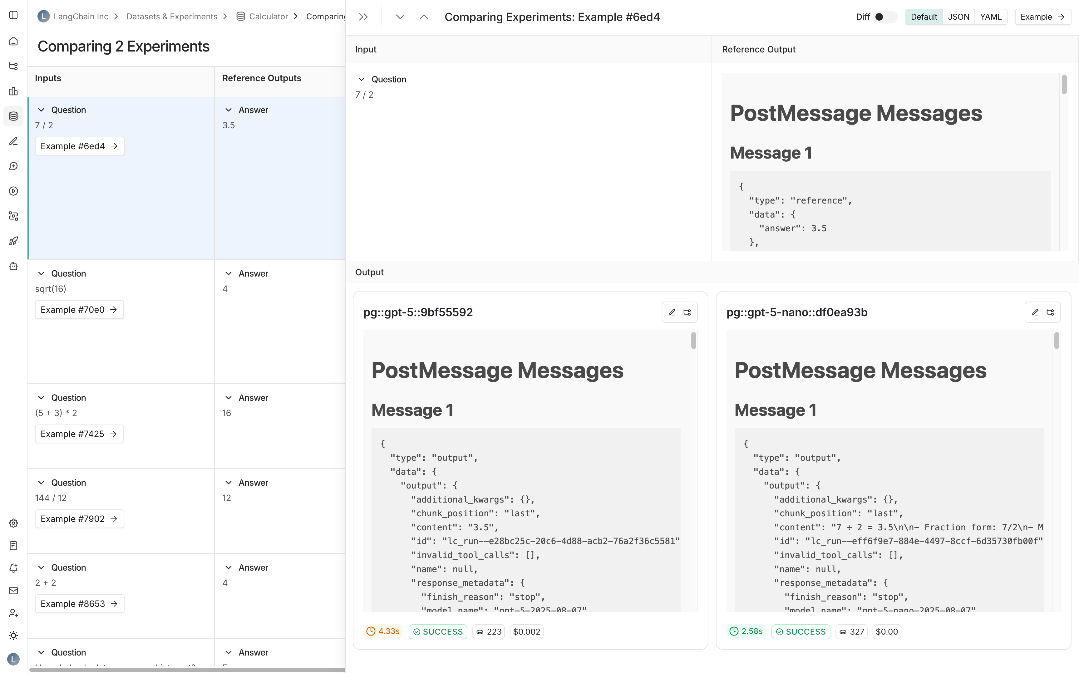 Experiment comparison view showing custom rendering