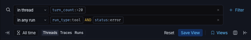 Two filter rows in the search bar. The first is scoped to 'in thread' with a turn_count greater than 20 clause, and the second is scoped to 'in any run' with run_type tool AND status error