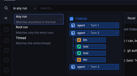 The scope dropdown open on the Threads selection, offering Any run, Root run, and Thread with a one-line description of each, beside a preview of a sample thread showing three agent turns with the LLM and tool runs nested inside the second turn