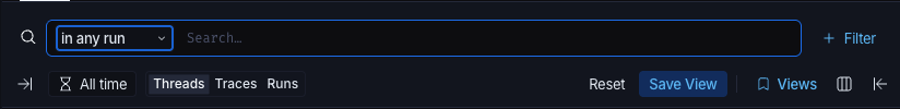 The filter toolbar of a tracing project, with a scope selector reading 'in any run' beside an empty search field, a Filter button on the right, and a second row holding the time range control, the Threads, Traces, and Runs selection, Reset, Save View, and Views
