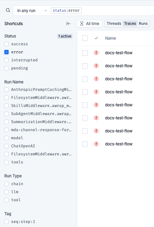 The Shortcuts panel to the left of the runs table, with Status, Run Name, Run Type, and Tag groups. The error value is checked, the Status group header reads '1 active', and the search bar above holds the matching status:error clause