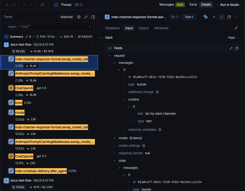 The Details view of a thread. The Turns pane on the left holds a filter reading input contains list, and the runs matching it are highlighted within the surrounding trace tree, which stays fully visible. The selected run is shown on the right