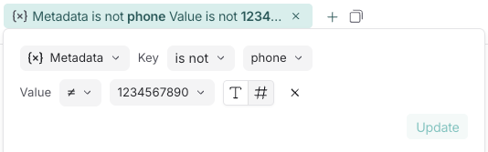 LangSmith filter showing negative filtering with 'is not' operator for both key and value