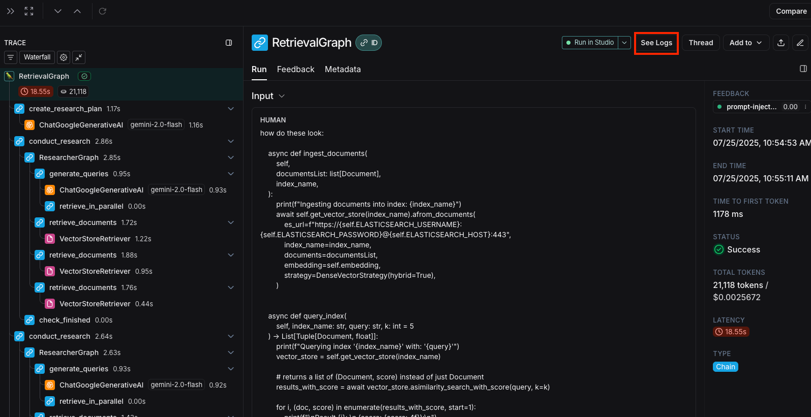 View server logs button