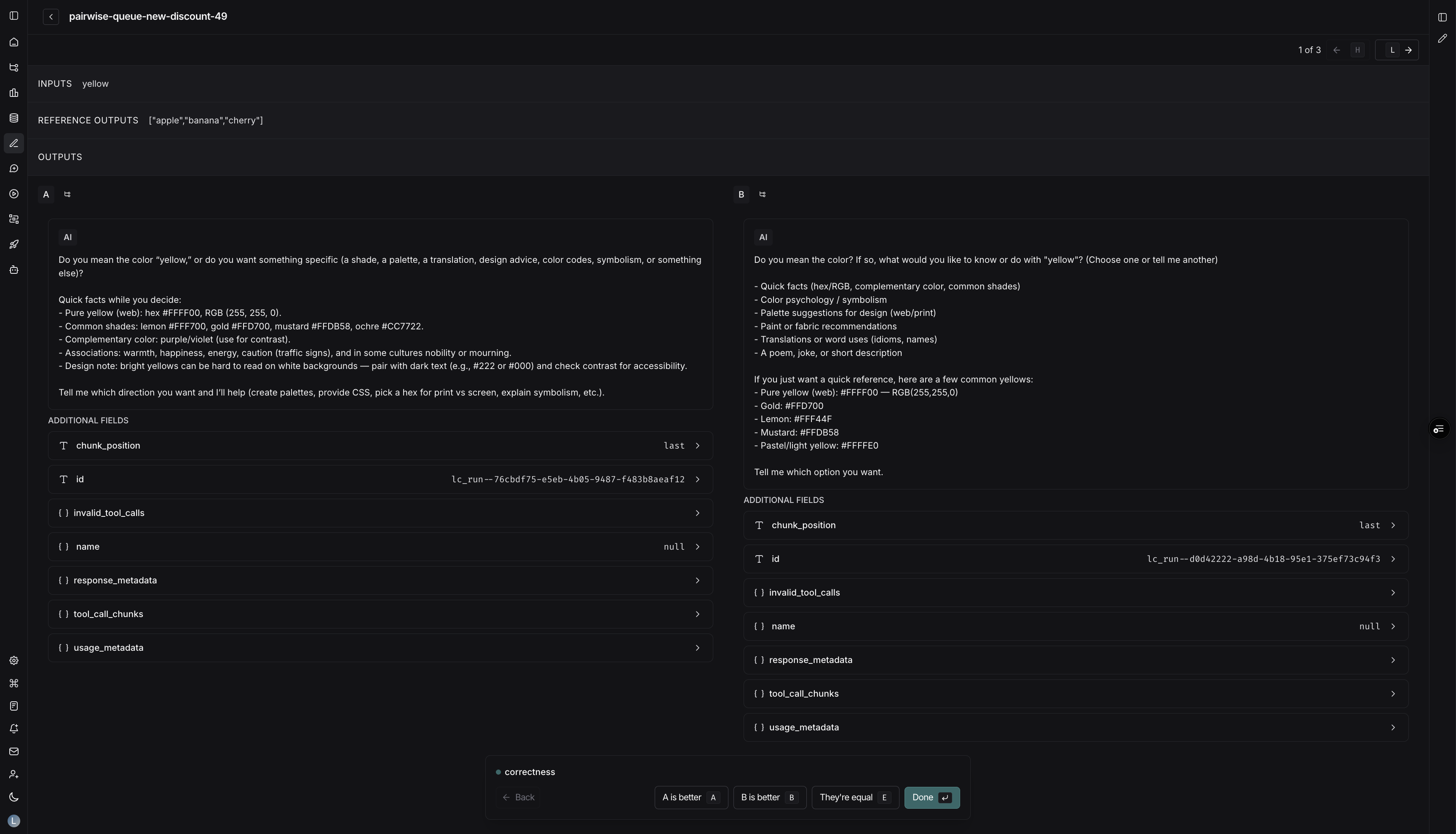 Pairwise review screen showing runs side-by-side with the floating feedback bar containing A/B/Equal buttons and keyboard shortcuts.