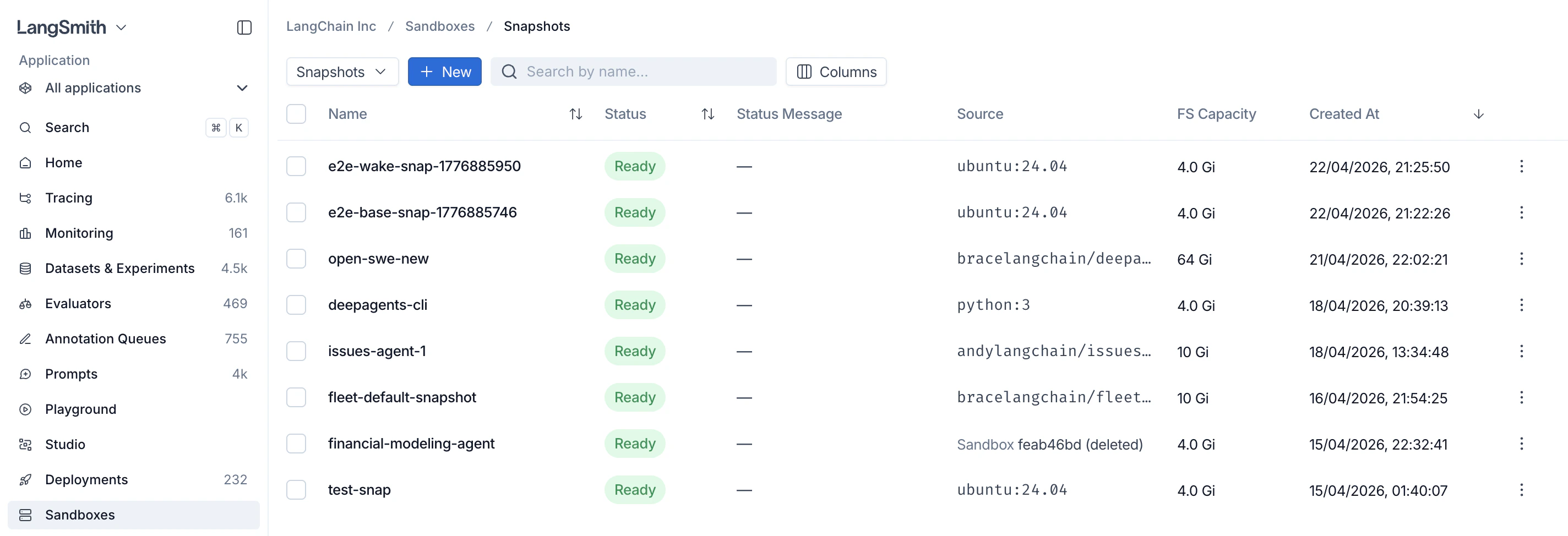 Sandboxes snapshots page