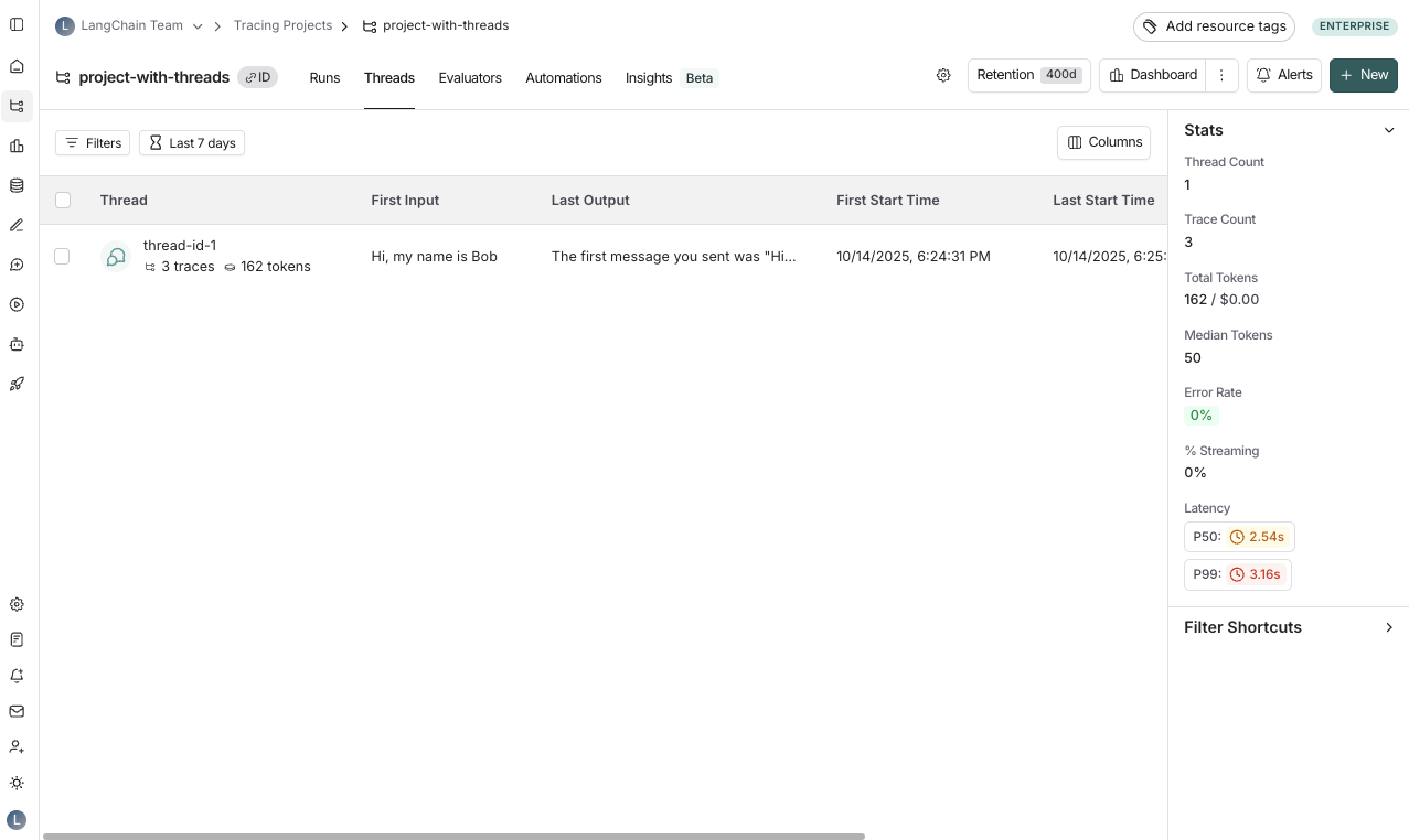 LangSmith UI showing the threads table.